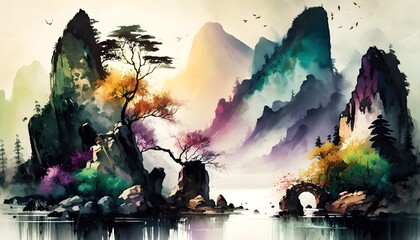 Ancient Chinese Waterpainting A vivid and majestic mountain range dominates the center of the painting painted in vibrant colors that evoke a sense of awe and wonder Serene Majestic Vibrant4 By 