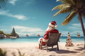 A Santa Claus sitting in a hammock sunbathing on a beach. Concept: Merry Christmas. A warm Christmas due to climate change.