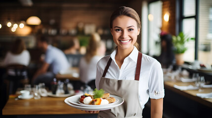 Portrait of a waitress serving food to customers in restaurant - obrazy, fototapety, plakaty