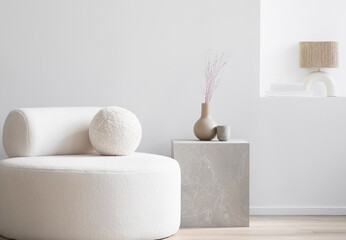 Estores personalizados com desenhos artísticos com sua foto View of modern scandinavian style interior with chair and trendy vase, Home staging and minimalism concept
