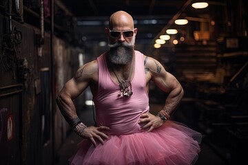 A bald and muscular man wearing pink sunglasses and a pink ballet tutu. Concept: LGBTI. A world without prejudice. - obrazy, fototapety, plakaty