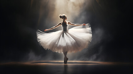A high-end visual of a graceful ballerina in a pristine white tutu, gracefully dancing on a stage illuminated by a single spotlight, symbolizing the beauty of artistry and dedication  - obrazy, fototapety, plakaty