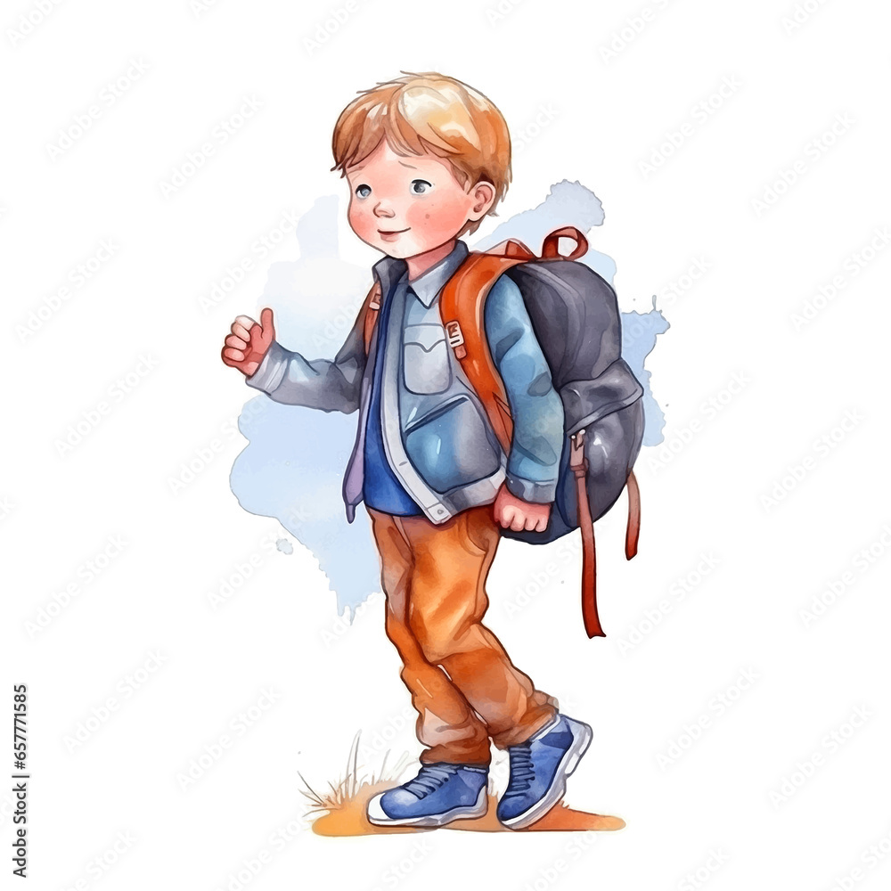 Wall mural Little boy with a school bag on his back watercolor ilustration 