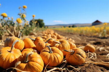 Pumpkin Harvest. Farm where pumpkins of various sizes and shapes are being harvested, with a blue sky in the background