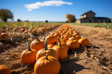 Pumpkin Harvest. Farm where pumpkins of various sizes and shapes are being harvested, with a blue sky in the background