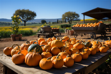 Pumpkin Harvest. Farm where pumpkins of various sizes and shapes are being harvested, with a blue sky in the background