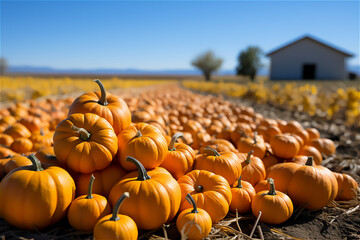 Pumpkin Harvest. Farm where pumpkins of various sizes and shapes are being harvested, with a blue sky in the background