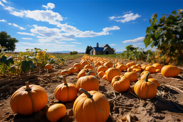 Pumpkin Harvest. Farm where pumpkins of various sizes and shapes are being harvested, with a blue sky in the background