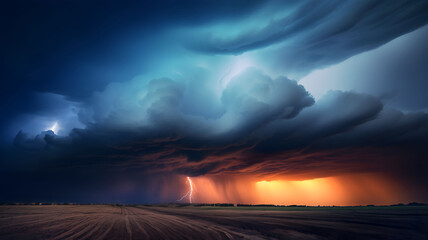 Obraz premium Big storm in the sky, sky background with cumulonimbus clouds, lightning and rain, bad weather, hurricane, sky with grey clouds, dark clouds