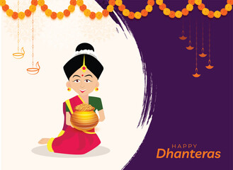 Illustration of decorated Happy Dhanteras Diwali holiday background