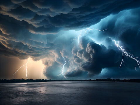 Storm in the sky over the sea, lightning,  sky background with cumulonimbus clouds, lightning and rain, bad weather, hurricane, sky with grey clouds, dark clouds