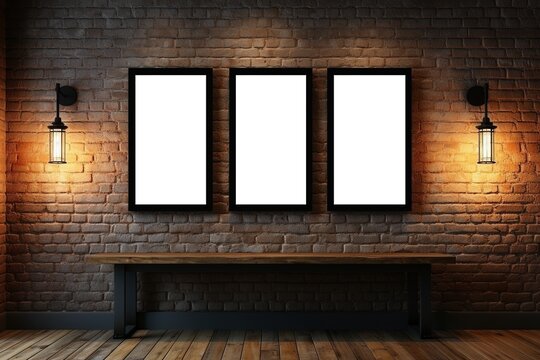 Three black frames on red brick wall with dramatic lighting, AI-generative