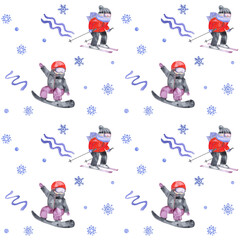 Watercolor seamless pattern with sportsmen. Skier and snowboarder go down the slope. Winter sports. Mountain explorer, outdoor adventure. For website background, wrapping paper, fabrics, wallpaper