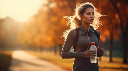 Girl running in the park in autumn. Generative AI - obrazy, fototapety, plakaty