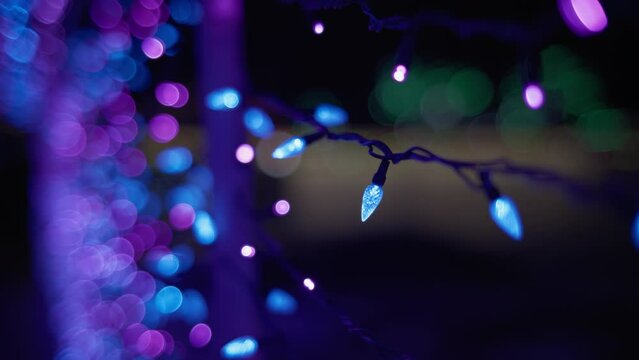 Festive bokeh purple blurred lights hanging on a tree. Slow motion, shallow depth of field. 
