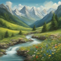 Serene Beauty: Majestic Mountain Scene with streaming waters and breathtaking wildflowers.