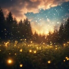 Fototapeta premium Glowing Night Symphony: Enchanting Fireflies Dance Across the Vast Meadow of Verdant Grass
