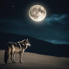 Fototapeta premium Lone Wolf Stands Majestic in the Sandy Night with Enthralling Full Moon Illumination