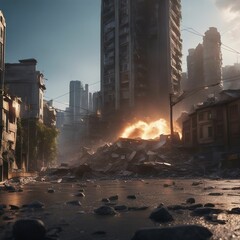Urban Ruins: Desolated Cityscape Amidst Collapsed Buildings and Scattered Debris
