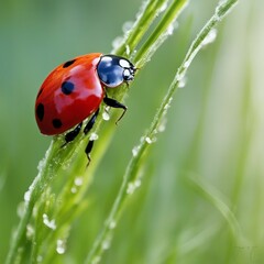 Fototapeta premium A small ladybird perched delicately on a slender blade of green grass