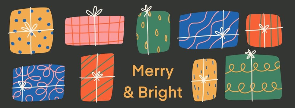 Hand drawn merry and bright Christmas present vector illustration banner modern design marketing elements decorative card pattern wrapping paper ribbon bow presents colourful icons black background
