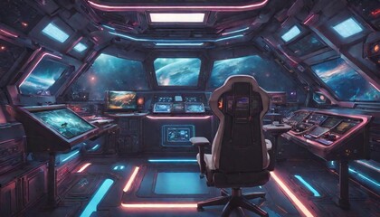 A gaming room in a spaceship, featuring futuristic control panels, holographic displays, and neon accents against a cosmic backdrop. 