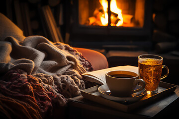 Cozy Autumn Reading. Warm blanket ahead of fireplace