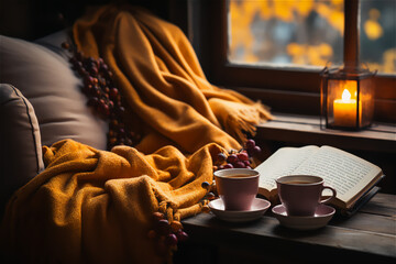 Cozy Autumn Reading. Warm blanket ahead of fireplace