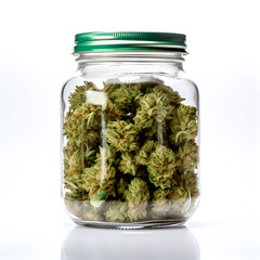 Marijuana buds in a glass jar isolated on a white background. Generative ai. 
