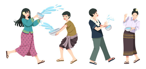 Cartoon people have fun with water splashing. Thailand water party