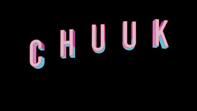 Bright letters jump merrily in the inscription CHUUK city. Retro. Alpha channel black. Looped from frame 120 to 240, Alpha BW at the end