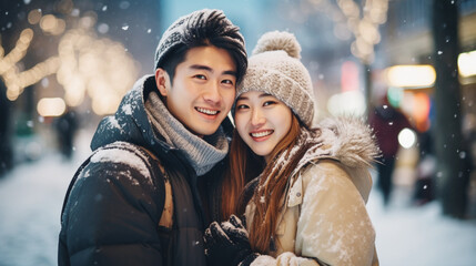 雪降る冬の街角で笑顔のアジアのカップル  Smiling Asian Couple in snowing city - obrazy, fototapety, plakaty