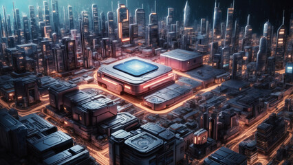 Cyberpunk future, Abstract technology, Futuristic urban landscape, Sci-fi city concept, Virtual reality backdrop