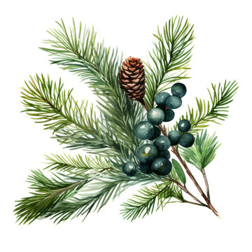 Festive watercolor illustration of pine spruce branch perfect for Christmas decor on white background. Winter holidays concept