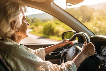concentrated elderly woman confidently driving a car - obrazy, fototapety, plakaty