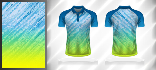Vector sport pattern design template for Polo T-shirt front and back with short sleeve view mockup. Shades of blue-white-green-yellow color gradient abstract grunge texture background illustration.