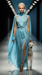 Fashion Dog Show, top model woman with dog wearing trendy design clothes, catwalk. AI Generative