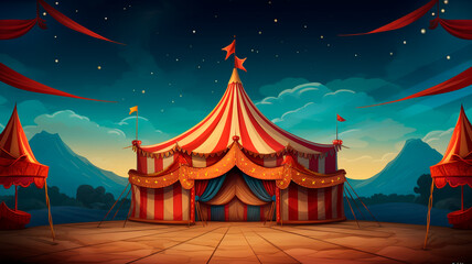 circus stage with red and golden tent, illustration