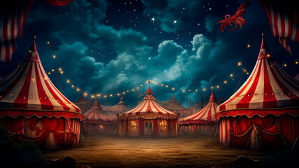 circus stage with red and golden tent, illustration - obrazy, fototapety, plakaty