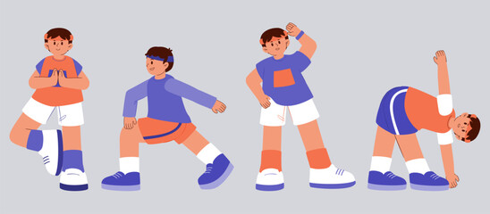 Group of male athlete doing exercise in cartoon character