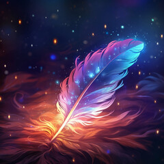 Obraz premium a dark blue feather with blue stars under it, in the style of glowing colors