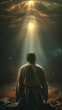 The silhouette of a man on his back, kneeling in meditative attitude, while rays of light illuminate him from above. concept of religion, spirituality and hope.