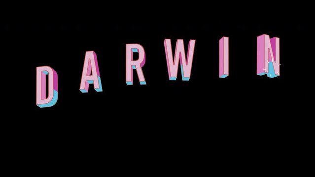 Bright letters jump merrily in the inscription DARWIN city. Retro. Alpha channel black. Looped from frame 120 to 240, Alpha BW at the end