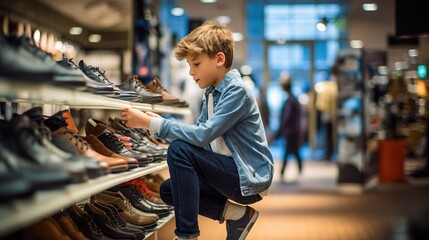 Teenage boy chooses his shoes in a store. Generative AI - obrazy, fototapety, plakaty