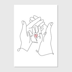 Vector one line art illustration of hands of mother and father holding a new born baby hand. Lineart family portret