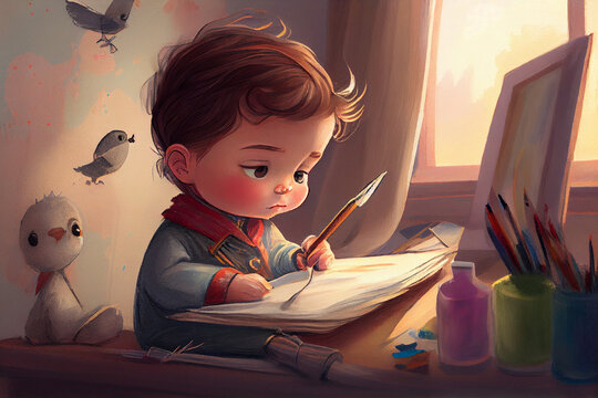 The child is an artist. A series of pictures for a children's book is dedicated to people's professions.