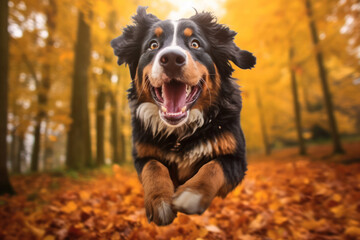 Fototapeta premium A dog joyfully leaps through an autumnal forest with colorful leaves.