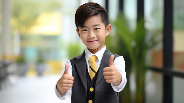 cute happy smiling asian child showing thumbs up copy space for text