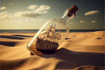 Pirate ship, miniature model, in a glass jar on the beach, on the sand, against the backdrop of the sea. - obrazy, fototapety, plakaty