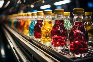 Juice bottles with fruit on a conveyor belt, beverage factory operates a production line,...